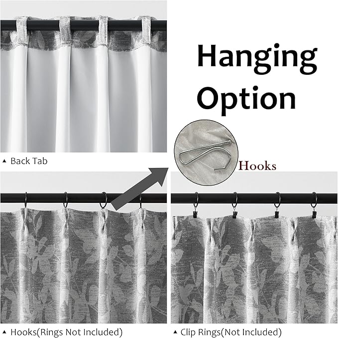 Randll Pinch Pleat90% Blackout Curtain Floral Jacquard Thermal Insulated Drape for Living Room Bedroom 63 Inch Long Gray Leaf Printed Botanical Pattern Back Tab Window Treatment Set,40"x63",2 Panels