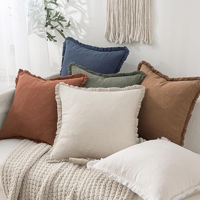 MIULEE Decorative Throw Pillow Covers Neutral Linen Fringe Throw Pillows Euro Shams Set of 2 Brown Boho Farmhouse Cushion Covers for Couch Sofa Bed Living Room Fall Home Decor 24x24 Inch