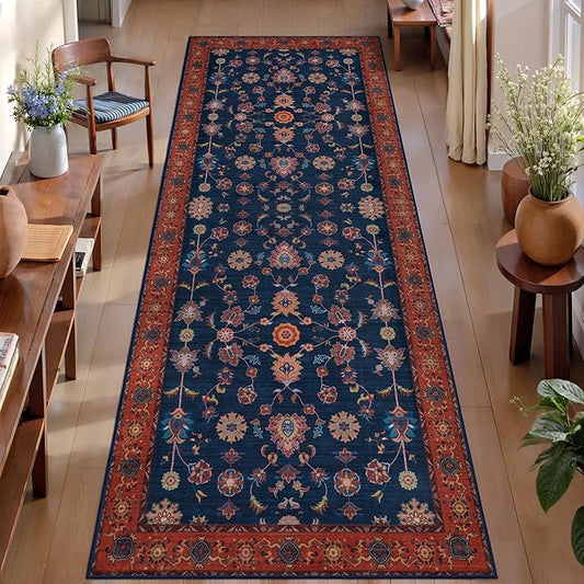 Tangsoo 2.6x10 Washable Runner Rug for Hallway Non Slip, Boho Floral Vintage Red Blue Carpet Long Runner Rugs for Entryway Kitchen, Floor Low Pile Runners for Laundry Bedroom Alfombra Farmhouse