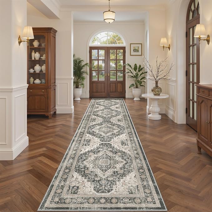 Roxstand Washable Runner Rug 2.6x10 Runners for Hallways, Ultra-Thin Carpet Runners for Entryway Anti Slip Backing Runner Rugs for Kitchen Laundry Room Indoor Hallway (Black/Beige)