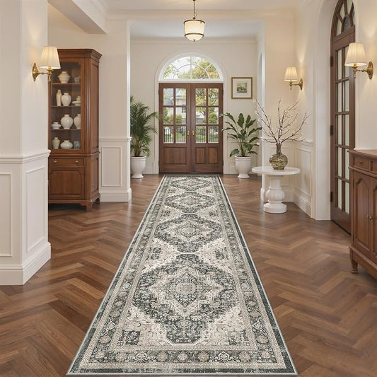 Roxstand Washable Runner Rug 2.6x10 Runners for Hallways, Ultra-Thin Carpet Runners for Entryway Anti Slip Backing Runner Rugs for Kitchen Laundry Room Indoor Hallway (Black/Beige)