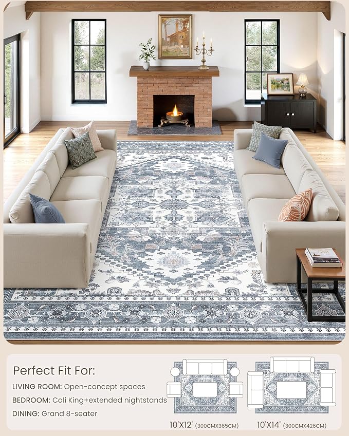 10x14 Vintage Area Rug: Washable Neutral Soft Non Slip Thin Large Floor Carpet for Living Room Bedroom Kitchen Dining Room Home Office Farmhouse Indoor - Blue