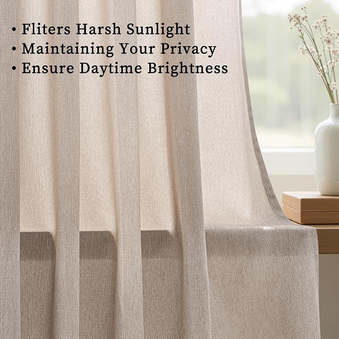 108 Inch Pinch Pleated Linen Curtains 2 Panels,Natural Beige Semi Sheer Curtains With Pleated Hooks Back Tab for Track System,Extra Long 9ft Curtain for Living Room Bedroom Ceiling to Floor,40x108