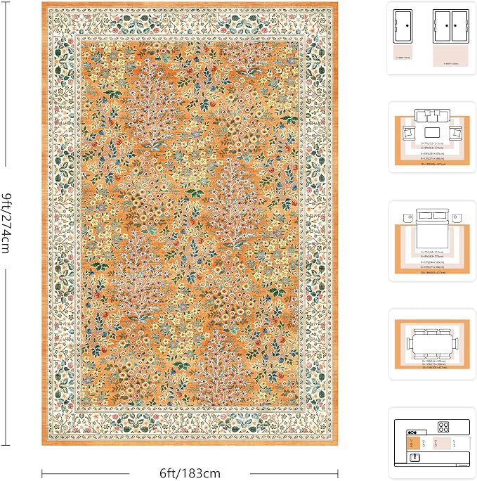 6x9 Area Rugs, Washable Floral Area Rugs for Living Room, Indoor Area Rug for Bedroom, Dining Room, Low Pile Non-Slip Non Shedding Rug(Orange Floral)