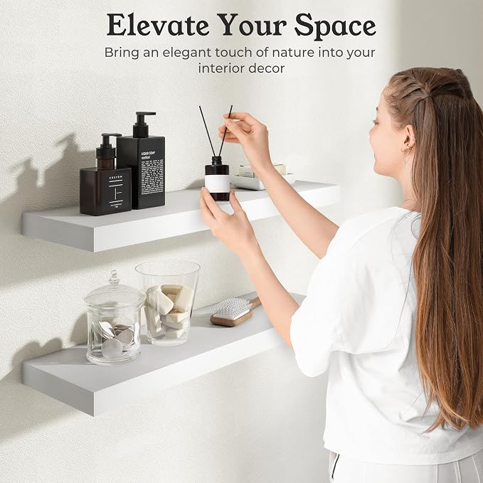 White Floating Shelves for Wall, 9.3" Deep Wall Mounted Wood Shelves for Bathroom, Bedroom, Living Room, Kitchen, Hanging Shelf for Books/Storage/Room Decor (White, 24")