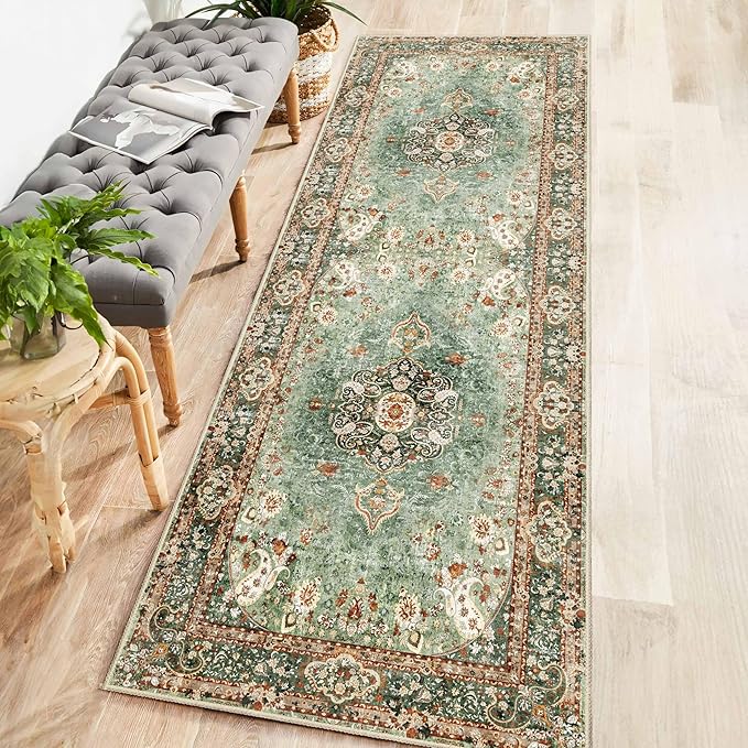Washable Runner Rug 2'x6',Green Rug Runners Non Slip,Long Boho Rugs for Hallways Kitchen Bedroom Entryway Living Room Bathroom,Vintage Bohemian Distressed Oriental Floor Carpet
