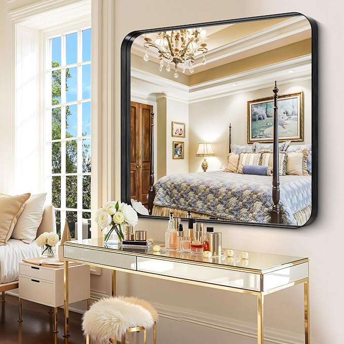 CIRCUMI Black Bathroom Mirror, 42"x42" Rectangular Mirror with Deep Metal Frame, Rounded Corner, Tempered Glass, Mirror for Wall, Oversink, Bedroom, Installed Vertically/Horizontally, Crystal-Clear