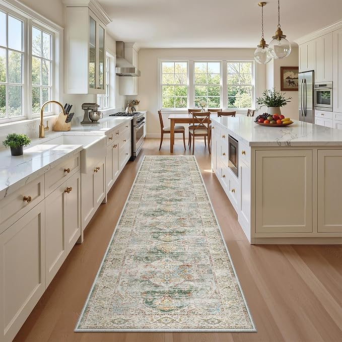 Madane Washable Runner Rugs 2x12 Long for Hallway Kitchen Soft, Green | Non-Slip Vintage Printed 12ft Rug Runners with Rubber Backing, Low-Pile Floor Carpet Laundry Room Entryway, Corridor
