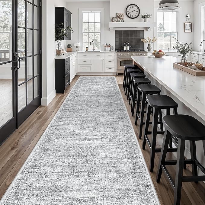 Soalmost Hallway Runner Rug 3x16 - Vintage Non Slip Washable 16ft Kitchen Runner for Entrance Soft Long Carpet Runners for Living Room Bedroom Dining Room, Grey