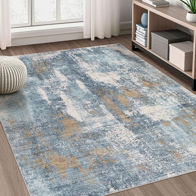 DMOYEST Area Rug Living Room Rugs - 5x7 Washable Soft Indoor Neutral Modern Abstract Low Pile Rug Carpet for Bedroom Dining Room Farmhouse Home Office - Blue Brown