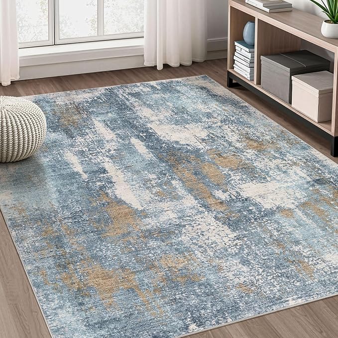 DMOYEST Area Rug Living Room Rugs - 6x9 Washable Soft Indoor Neutral Modern Abstract Low Pile Rug Carpet for Bedroom Dining Room Farmhouse Home Office - Blue Brown