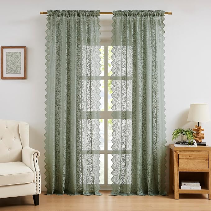 Bujasso Sage Green Lace Sheer Curtains for Bedroom Small Window Boho Vintage Floral Embroidered Drapes with Scalloped Edge,Light Filtering&Privacy,Grommet Top 2 Panels 52Wx54L Inches