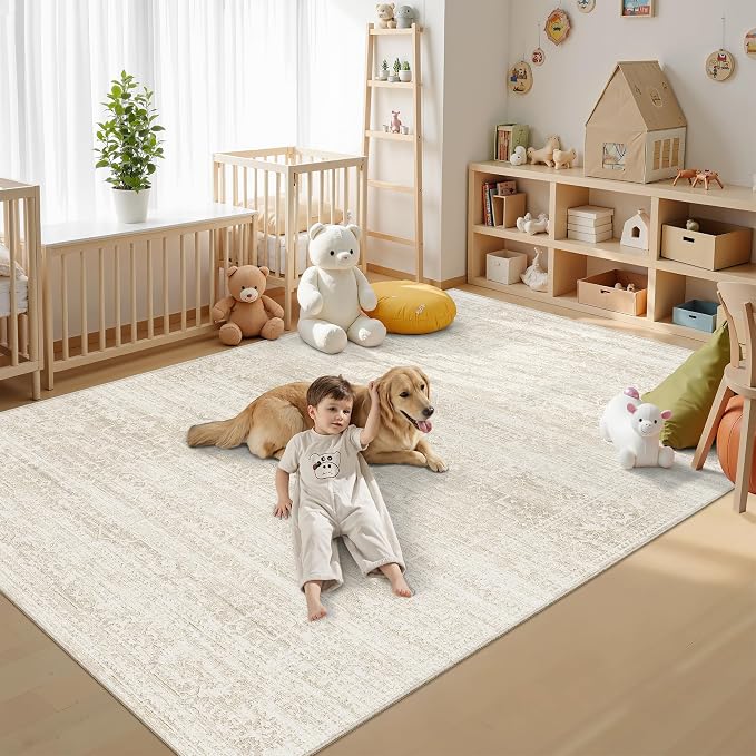 Soalmost 6x9 Area Rugs for Living Room, Washable Soft Rug Beige/Cream | Non-Slip Low Pile Natural Vintage Floral Rug Throw Carpet for Dining Room Bedroom Home Office Nursery 6'x9'