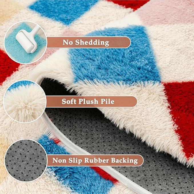 PureCozy Checkered Rug 5x8 Fluffy Shag Living Room Colorful Area Rug Modern Washable Carpet Soft Shaggy Non Slip Indoor Plush Fuzzy Rugs for Bedroom Dorm Office Home Aesthetic Decor