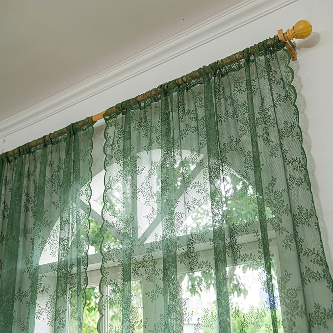 Sutuo Home Olive Green Lace Curtains 63 Inches Long 2 Panels, Sheer Floral Embroidery Ruffled Vintage Window Treatment Pair for Bedroom Kitchen Christmas Decor 1 Pair Set, Rod Pocket, W57 x L63