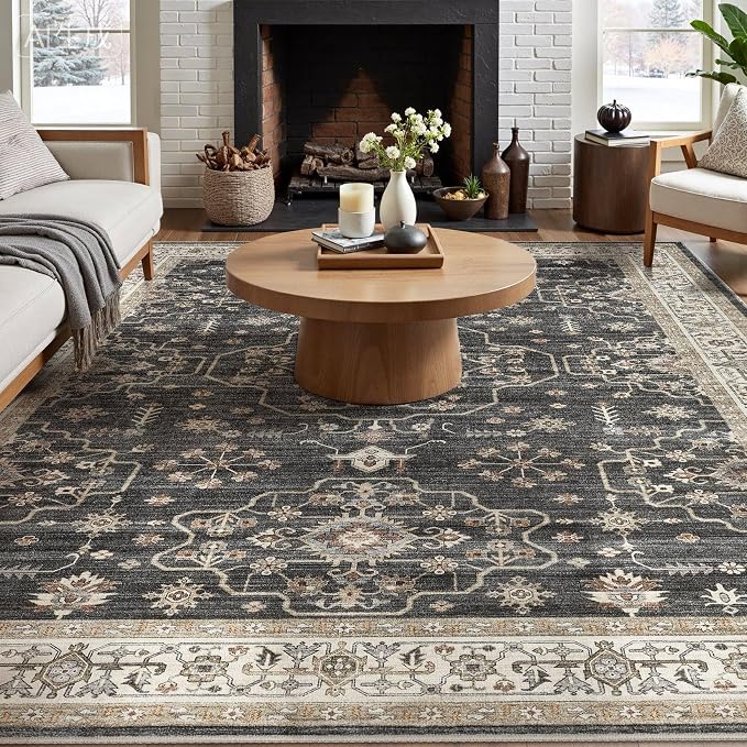Area Rug for Living Room - 10x14 Soft Washable Oriental Vintage Floral Distressed Large Carpet - Fade Stain Resistant Non Slip Rugs for Bedroom Dining Room Nursery Dorm Office Home Decor - Black