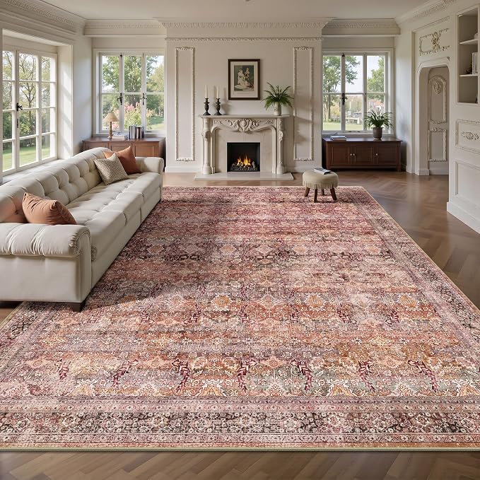 8x10 Area Rugs for Living Room - Washable Vintage Retro Large Rug, Soft Ultra Thin Non Slip Low Pile Traditional Distressed Boho Carpet for Bedroom Dining Room Home Office, Vintage Iron Red