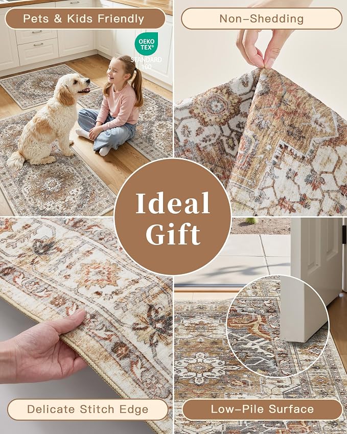Madane Washable Kitchen Rug Set of 3 Small Area Rugs Non-Slip Turmeric/Grey | Vintage Hallway Entryway Door Mat Indoor Entrance Low Pile Floor Carpet Runner for Inside Front Entry Laundry 2x3+2x4+2x5