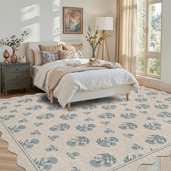 ORTIGIA Scalloped Easy Jute 8x10 Area Rug Vintage Blue Floral Farmhouse Washable Rug Non-Slip Indoor Outdoor Carpet for Living Room Bedroom Patio Entryway