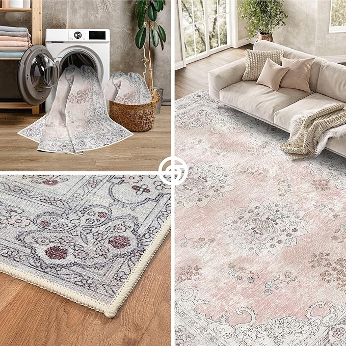 Lite Pink Oushak Large Area Rug 8x10 - Washable Boho Rug Vintage Turkish Non-Slip Carpet Non-Shedding Extra Large Area Rugs for Living Room, Dining, Bedroom, Lounge, Farmhouse