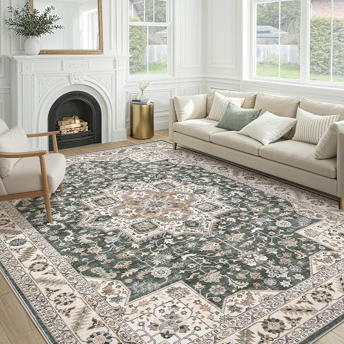 Vintage Living Room Area Rug 8x10 - Large Soft Washable Oriental Traditional Distressed Farmhouse Rugs for Bedroom - Indoor Floor Accent Carpet for Home Office House Decor - Vintage Green