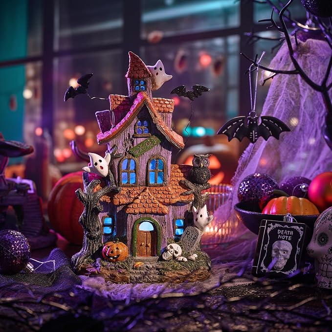 Valery Madelyn Halloween Decorations, Lighted Halloween Village Houses with LED Lights, Resin Spooky Town Happy Haunted House for Home and Party Table Desk Mantel, 12 Inch
