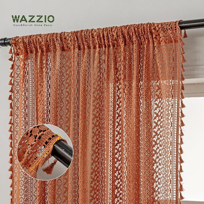 WAZZIO Boho Lace Curtains 63 Inches 2 Panel,Light Filtering Privacy Tassel & Geometry Crochet Semi Sheer Curtain Drapes for Bedroom Living Dining Room,Rod Pocket & Tassel,Full Decor,Burnt Orange