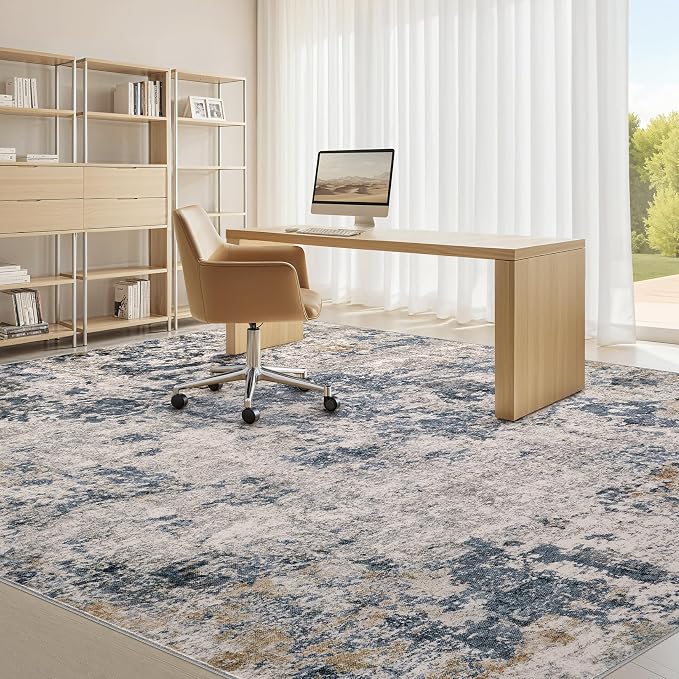 9x12 Area Rugs for Living Room - Washable Living Room Rug 9x12, Large Abstract Modern Neutral Soft Carpet with Non-Slip Backing, Stain Resistant for Bedroom Dining Indoor Decor (Blue Brown)