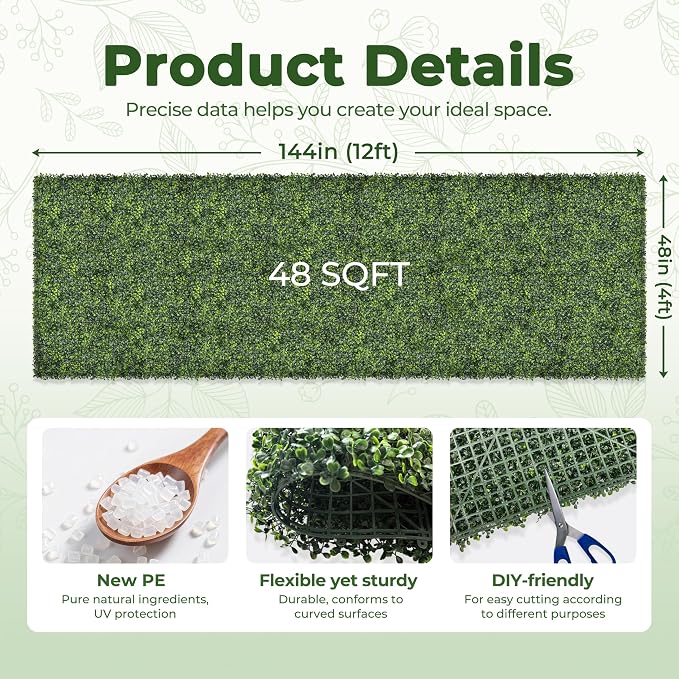 Artificial 48x144 in (48 Sqft) Boxwood Grass Wall Backdrop Roll | UV-Anti Greenery Faux Ivy Hedge Leaf Panels, Privacy Screen, Indoor/Outdoor Green Wall Decor, Patio/Garden Fence Covering