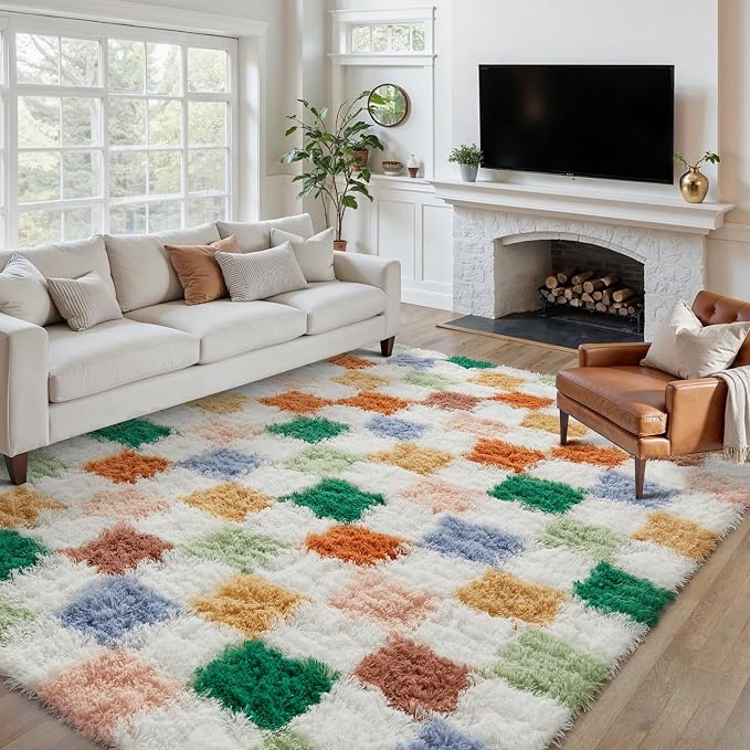 PureCozy 8'x10'+2'x6 Colorful Shag Rug Set of 2 with Runner for Living Room Bedroom Home Aesthetic Decor