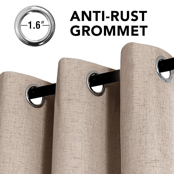H.VERSAILTEX Linen Curtains 100% Blackout Curtains for Bedroom 90 inch Long Full Light Blocking Nature Linen Blended Window Curtains for Living Room Nickel Grommet (2 Panels, Heathered Sand)