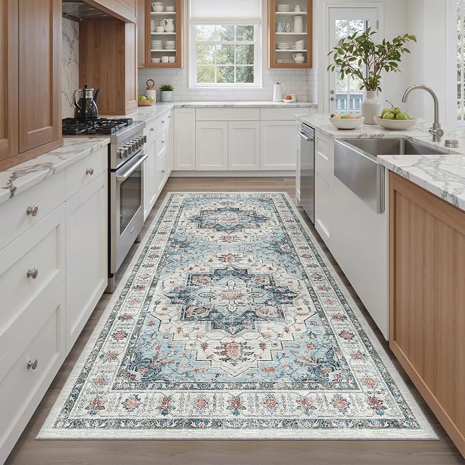 Madane 4x8 Wide Hallway Runner Rug Washable for Living Room, Blue | Soft Stain Resistant Ktichen Runners 8ft, Vintage Non Slip Low Pile Area Rugs, Thin Floor Carpet for Bathroom Dining Bedroom