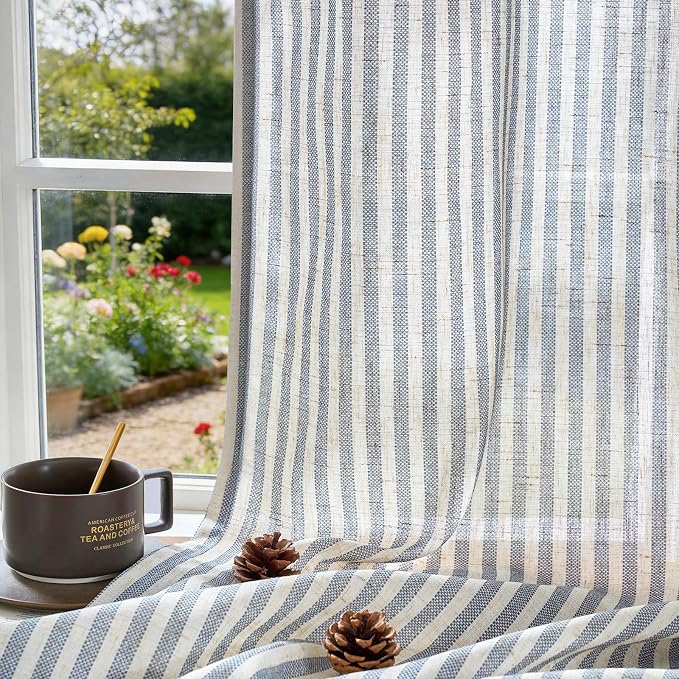 jinchan Linen Curtains for Living Room Blue on Beige Striped Curtains for Bedroom Ticking Stripe Pattern Light Filtering Cottage Core Rustic Grommet Window Treatment 2 Panels 84 inches Long