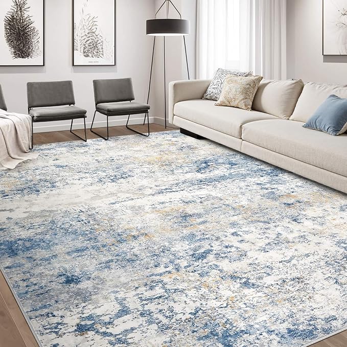 DMOYEST Area Rug Living Room Rugs - 9x12 Abstract Large Soft Indoor Washable Rug Neutral Modern Low Pile Carpet for Bedroom Dining Room Farmhouse Home Office - Blue