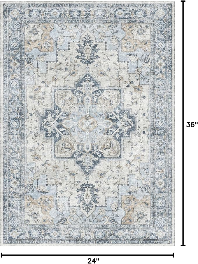 GENIMO Area Rug 2x3 Doormat, Machine Washable Low Pile Vintage Rugs, Small Lightweight Rug Entryway Indoor Mat for Entrance, Hallway, Kitchen and Corridor, Blue