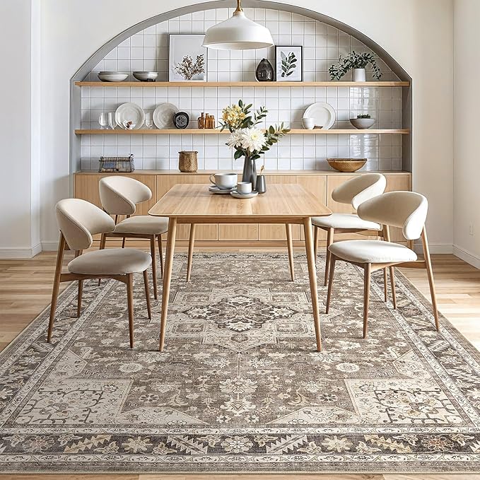 Vintage Living Room Area Rug 10x13 - Large Soft Washable Oriental Traditional Distressed Farmhouse Rugs for Bedroom - Indoor Floor Accent Carpet for Home Office House Decor - Brown