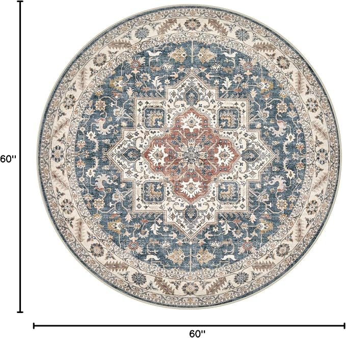 5ft Round Vintage Living Room Area Rug - 5x5 Large Soft Washable Oriental Traditional Distressed Farmhouse Rugs for Bedroom - Indoor Floor Accent Carpet for Home Office House Decor - Vintage Blue
