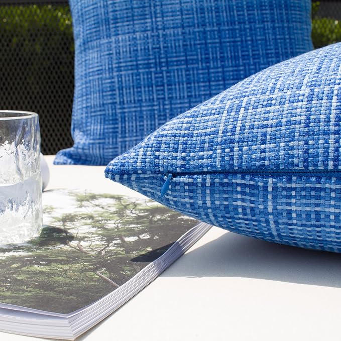 Kevin Textile Outdoor Waterproof Throw Pillow Covers 14x24 Inch Pack of 2 Woven Faux Linen Farmhouse Decorative Water Resistant Lumbar Cushion Covers for Tent Patio Garden Couch Sofa Blue