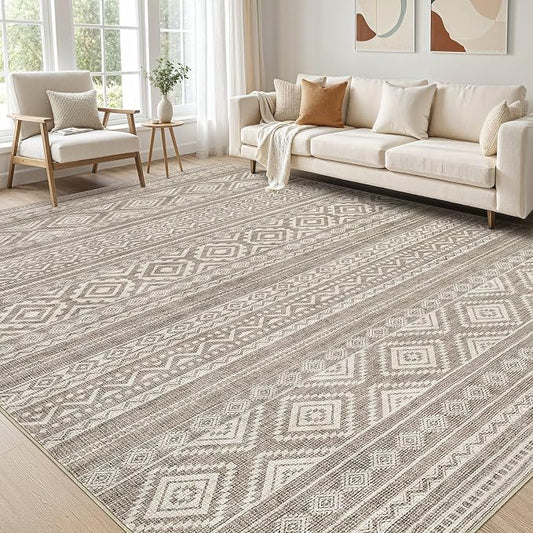 cotiled 12x15 Area Rugs Living Room Rug: Washable Boho Rugs with Non Slip Backing Large Soft Indoor Stain Resistant Carpet for Bedroom Farmhouse Dining Room Lightweight Home Decor Coffee Brown