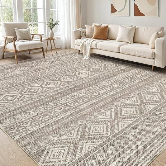 cotiled 10x12 Area Rugs Living Room Rug: Washable Boho Rugs with Non Slip Backing Large Soft Indoor Stain Resistant Carpet for Bedroom Farmhouse Dining Room Lightweight Home Decor Coffee Brown