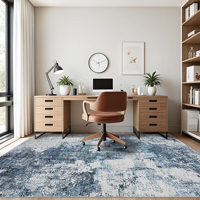 10x14 Area Rugs Living Room Rugs: Large Washable Rug with Anti-Slip Backing Non-Shedding Stain-Resistant Soft Abstract Carpet for Bedroom Dining Room Nursery Home Office- Blue