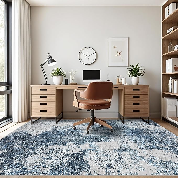 Area Rug Living Room Rugs: 5x7 Washable Rug with Anti-Slip Backing Non-Shedding Stain-Resistant Foldable Modern Abstract Carpet for Bedroom Dining Room Nursery Home Office (Blue)