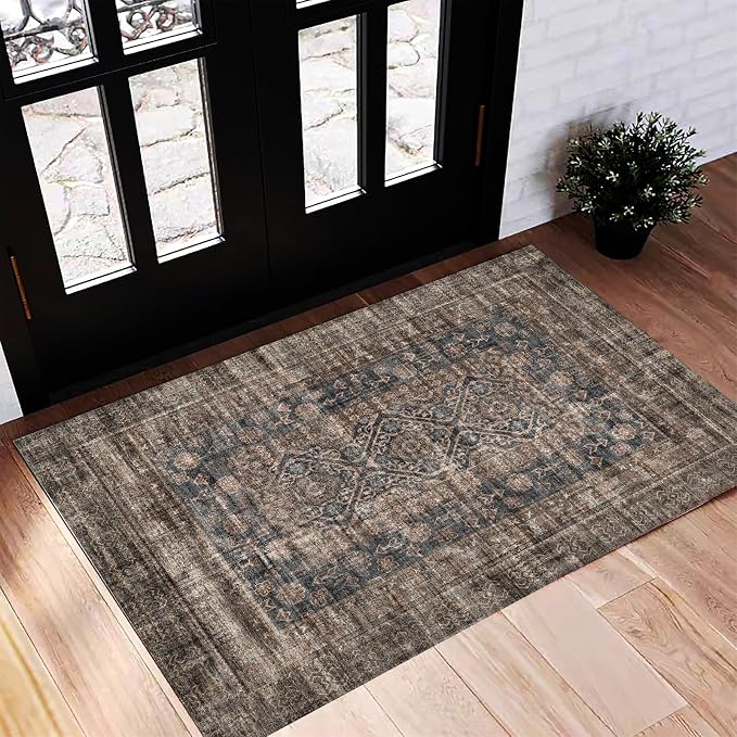 CHAMPLANT Washable Area Rug 2'x3' Door Mat Vintage Distressed Doormat Indoor Entrance Traditional Thin Rug Floral Print Non Slip Carpet for Kitchen Bathroom Bedroom Living Room