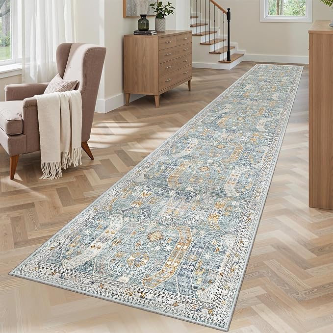 Madane Washable Runner Rugs 2x12 Long for Hallway Kitchen Soft, Blue/Gold | Non-Slip Vintage Printed 12ft Rug Runners with Rubber Backing, Low-Pile Floor Carpet Laundry Room Entryway, Corridor