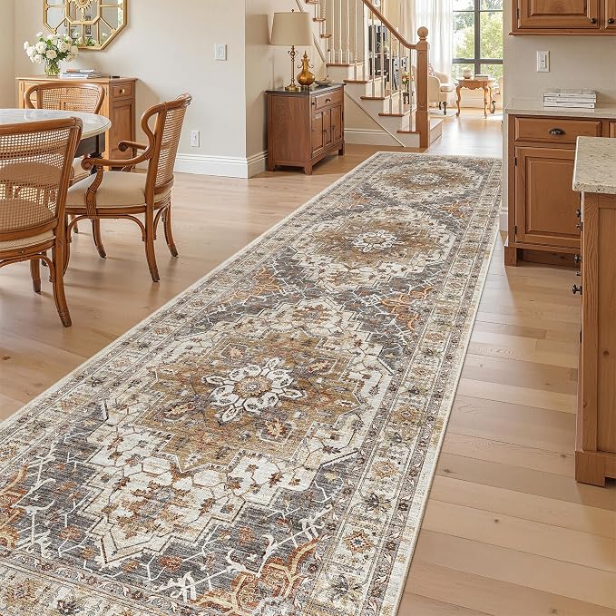 Madane 3x12 Hallway Runner Rug, Non Slip Washable 12ft Runner for Hallways Soft Vintage Kitchen Rugs Low-Pile Thin Floor Carpet Runner for Entryway Bathroom Bedroom, Turmeric/Grey