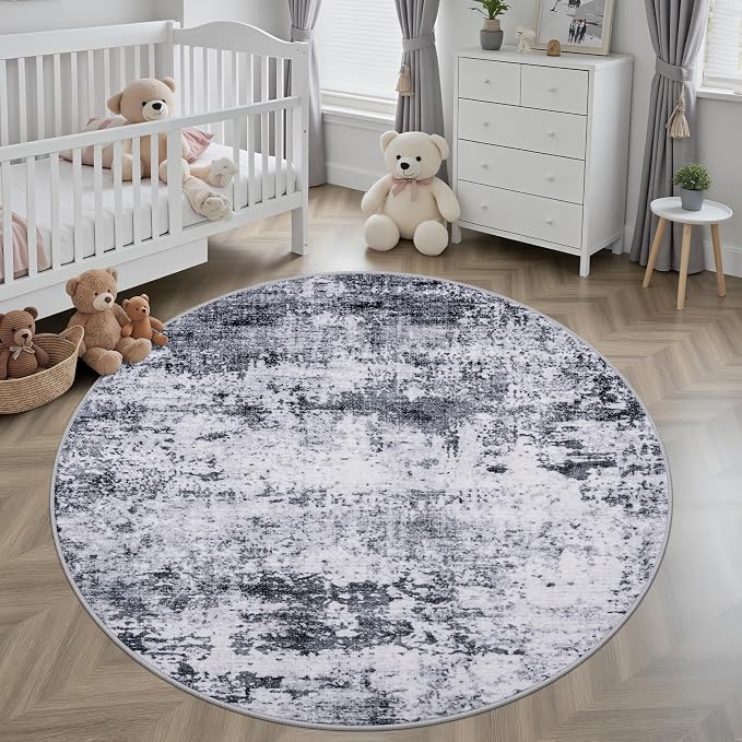 Round Area Rug for Living Room: 8 ft Washable Modern Abstract Soft Thin Rug Indoor Floor No Slip Stain Resistant Carpet for Bedroom Dining Room Farmhouse Nursery Home Office - Grey