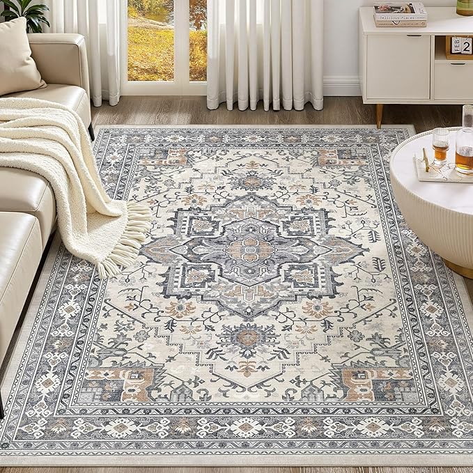 UERMEI 6x9 Area Rug Living Room Rugs - Washable Vintage Soft Large Rug Indoor Floor No Slip Rug Carpet for Bedroom Farmhouse Under Dining Table Home Office Decor - Grey-Orange