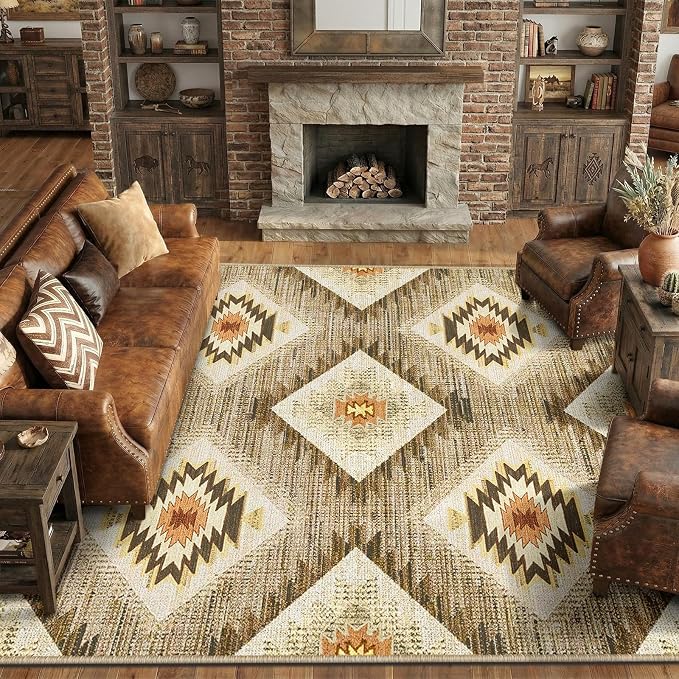 BESTSWEETIE Area Rug 9x12 Machine Washable Non-Slip Low Pile Print Pattern Western Rug for Living Room Bedroom Entryway Tribal Series - Cream/Camel