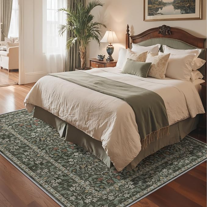GENIMO 6x9 Washable Living Room Area Rug, Non Slip, Black | Vintage Boho Floral Low Pile Thin Carpet for Bedroom, Dining Room, Nursery, Indoor Decor