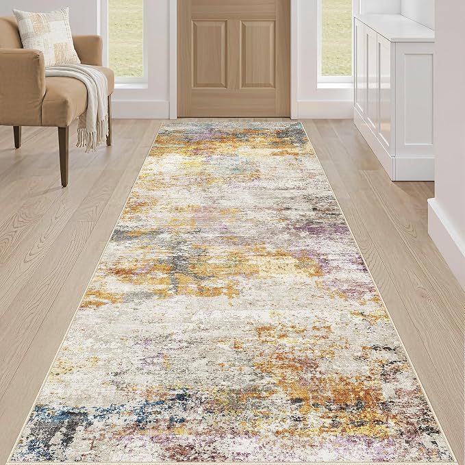 Runner Rug Kitchen Washable Rugs: 2x6 Non-Slip Abstract Soft Modern Stain Resistant Indoor Floor Neutral Accent Throw Carpet for Hallway Bathroom Laundry Room Entryway Bedroom- Gold Colorful